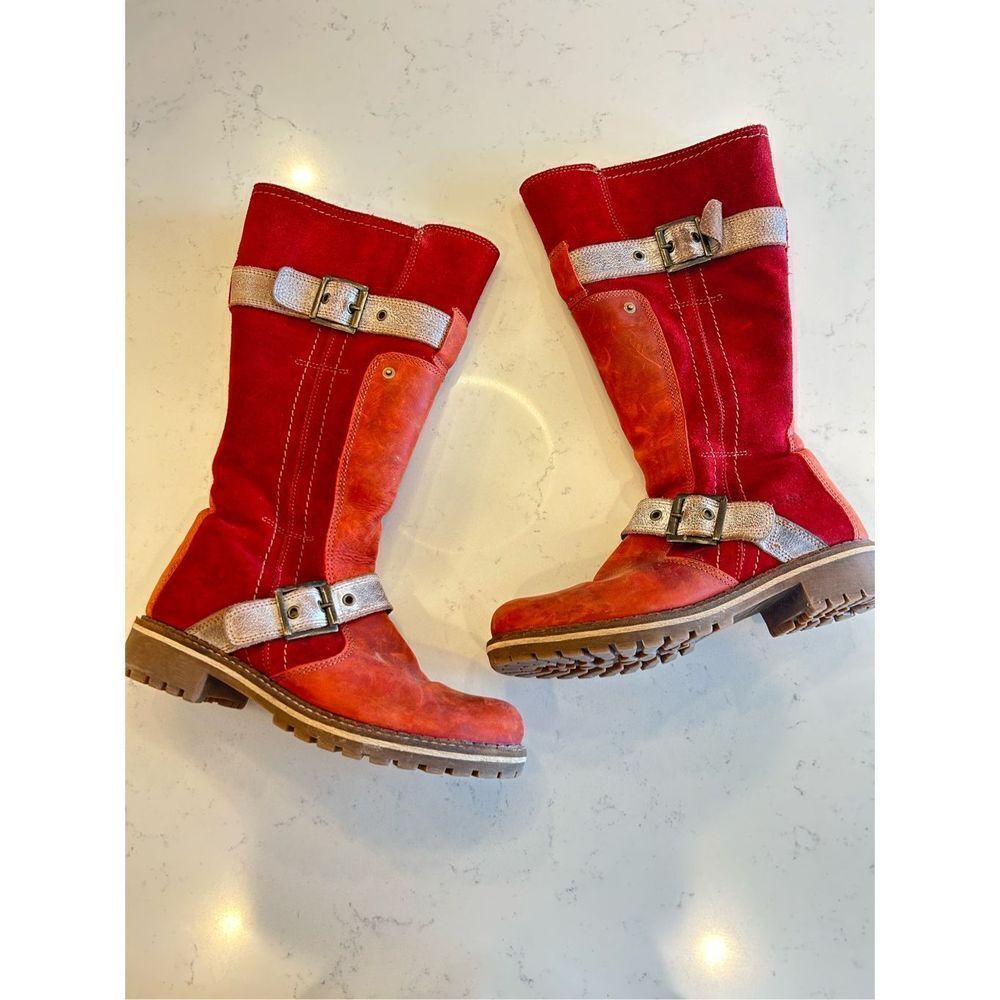 Bos & Co red leather Bay City distressed calf height boots shearling lined sz 40